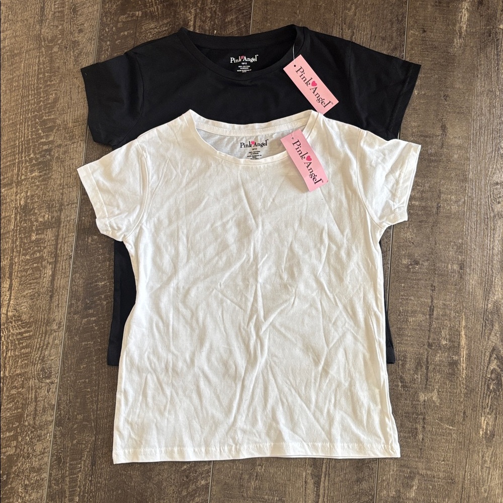 2 Pink Angel Short Sleeve Tees - Black & White size 10/12 classic crewneck NWT